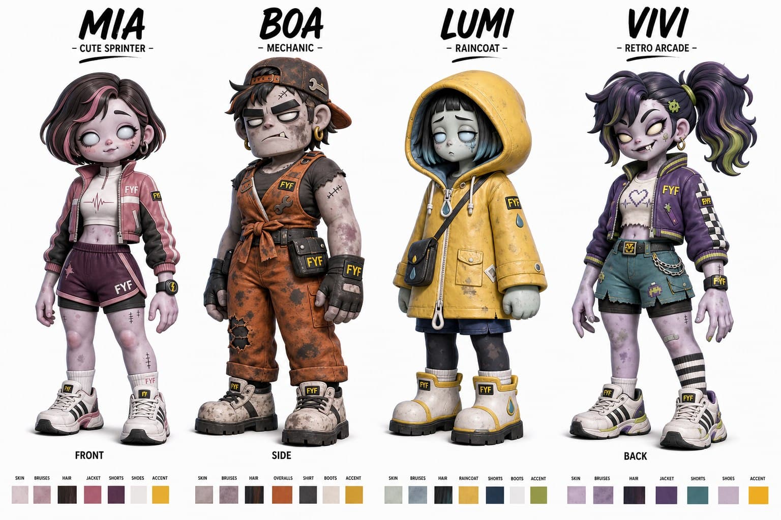 시즌 2 신규 크루 티저 — MIA(Cute Sprinter), BOA(Mechanic), LUMI(Raincoat), VIVI(Retro Arcade)
